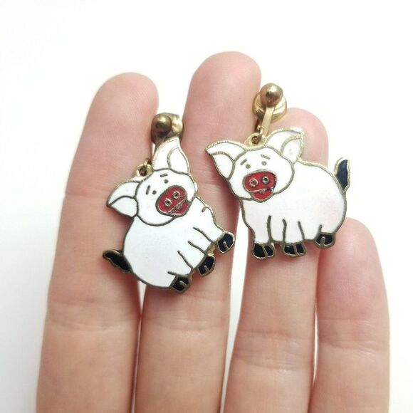 Vintage Pig Dangle Clip On Earrings, White Enamel, Cute Farm Animal - Picture 5 of 6